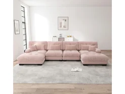 Sofá modular esquina 4 plazas - con 2 pouf y 6 cojines - DIY forma U/L - 406x145x81cm - Rosa