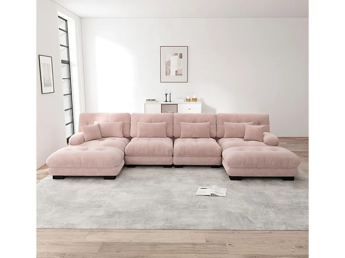 Sofá modular esquina 4 plazas - con 2 pouf y 6 cojines - DIY forma U/L - 406x145x81cm - Rosa