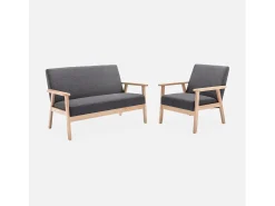 Sofá o banco con tela y patas de madera, 2 plazas gris oscuro