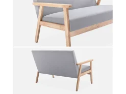 Sofá o banco con tela y patas de madera, 2 plazas gris claro
