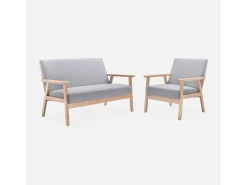 Sofá o banco con tela y patas de madera, 2 plazas gris claro