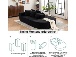 Sofá panorámico 5 plazas modular - de tejido Chenilla negro - con 6 cojines - 263x171x66cm