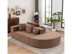 Sofá panorámico 5 plazas modular - de tejido Chenilla marrón - con 6 cojines - 263x171x66cm