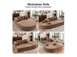 Sofá panorámico 5 plazas modular - de tejido Chenilla marrón - con 6 cojines - 263x171x66cm