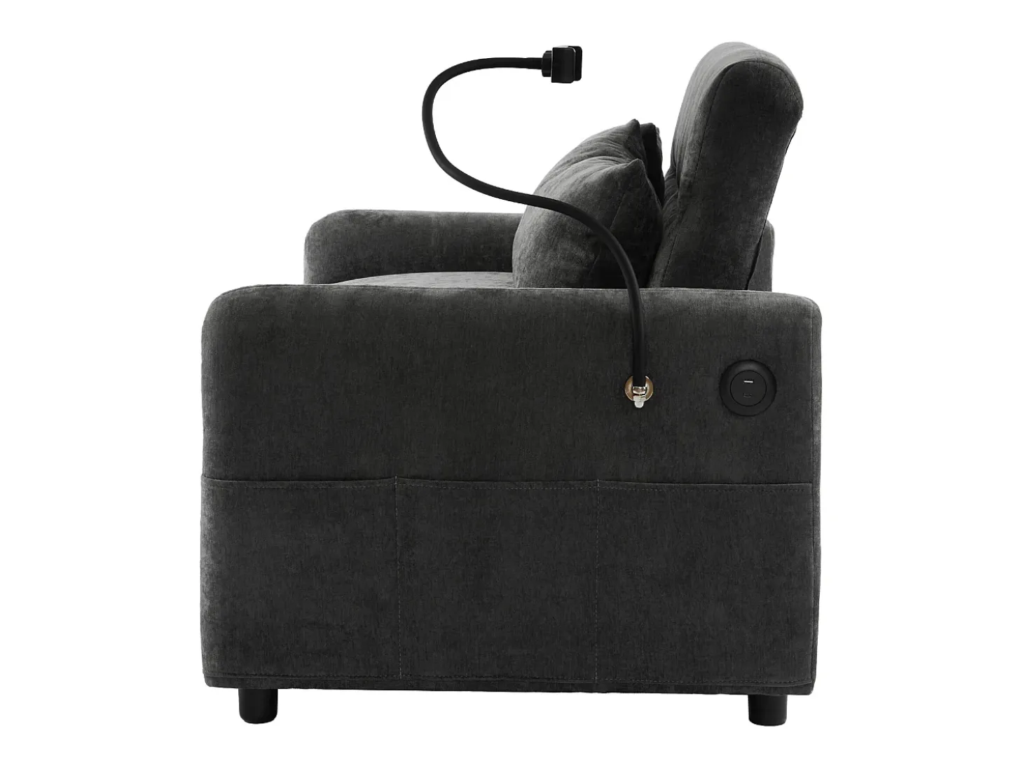Sofá plegable de 2 plazas de chenilla gris con puerto USB y soporte para teléfono, ideal para salón y dormitorio