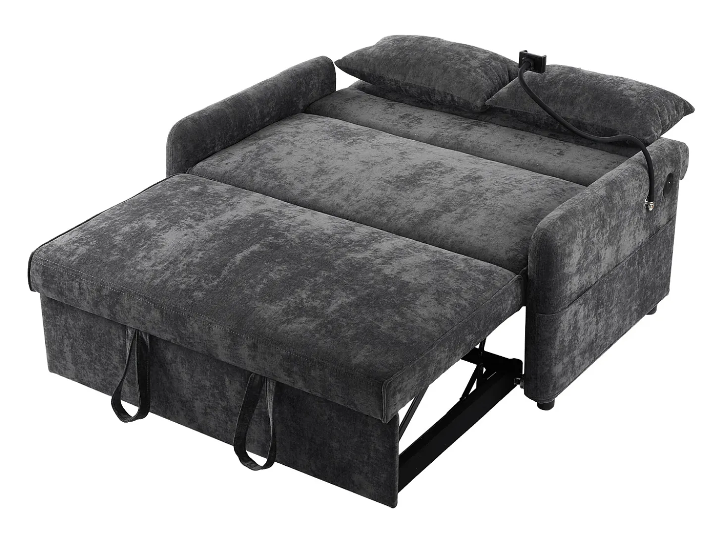 Sofá plegable de 2 plazas de chenilla gris con puerto USB y soporte para teléfono, ideal para salón y dormitorio
