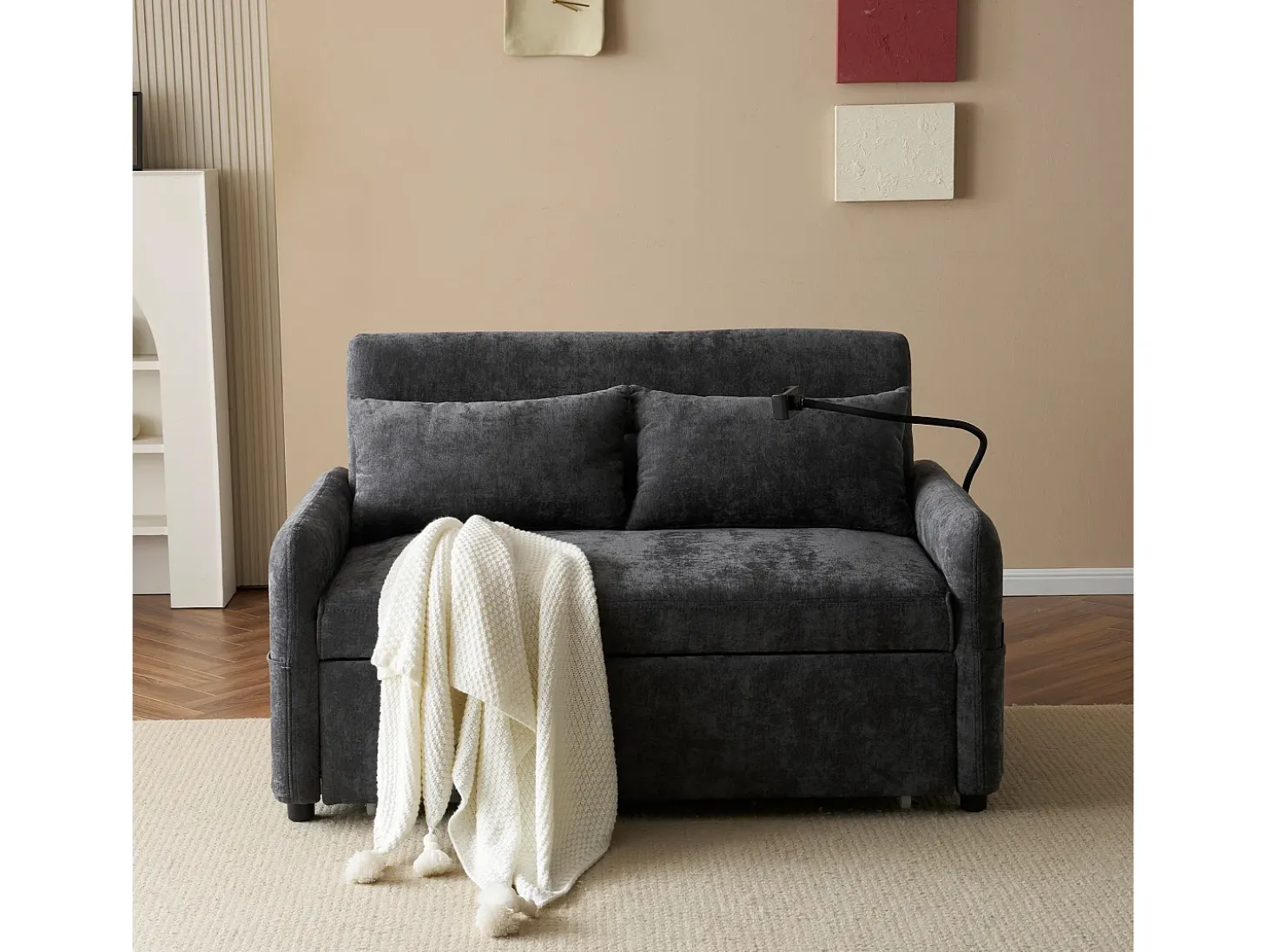 Sofá plegable de 2 plazas de chenilla gris con puerto USB y soporte para teléfono, ideal para salón y dormitorio