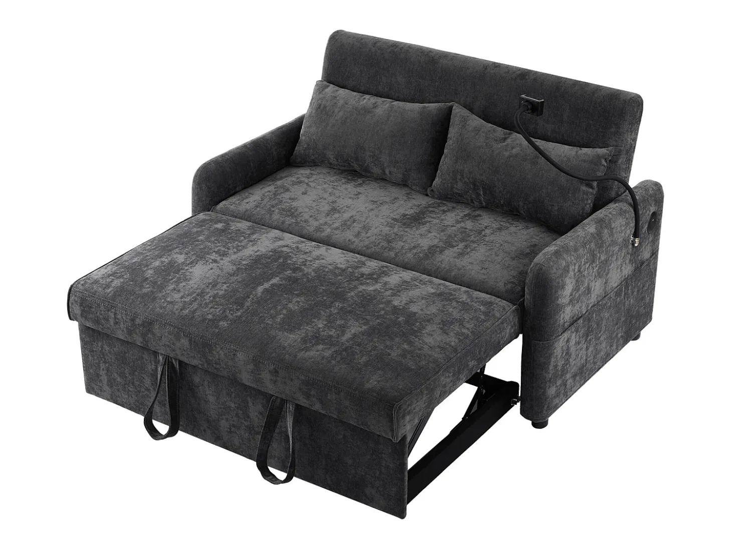 Sofá plegable de 2 plazas de chenilla gris con puerto USB y soporte para teléfono, ideal para salón y dormitorio