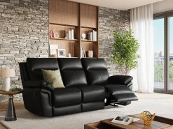 Sofá relax mecánico 3 plazas piel búfalo negro PAKITA