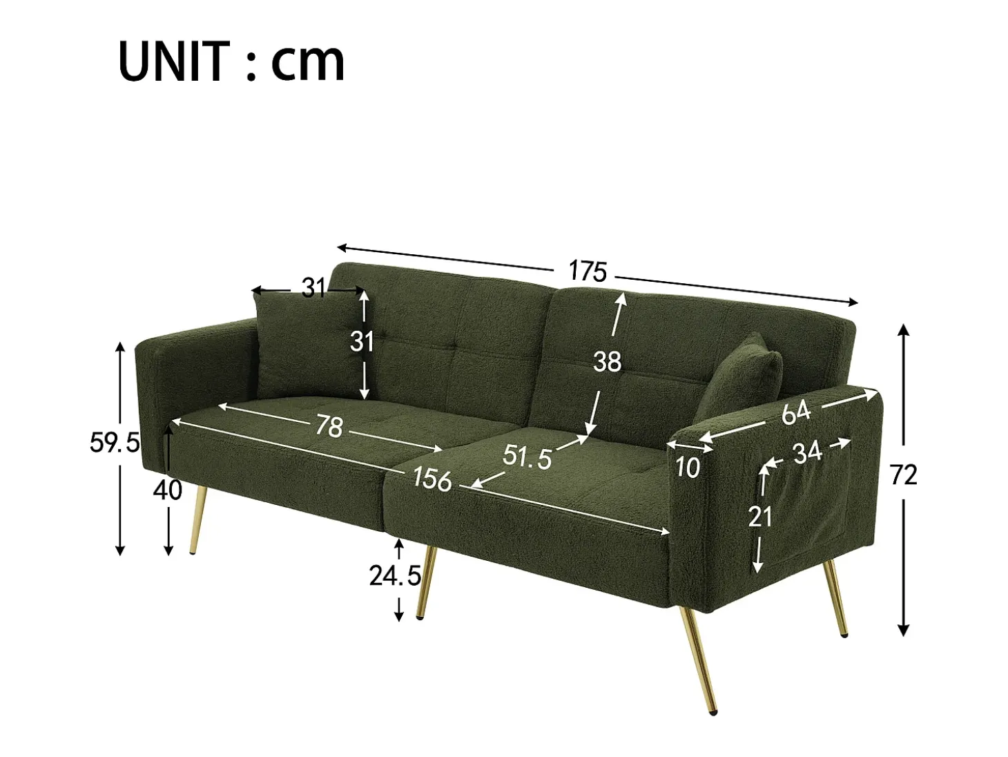 Sofá relax verde - Sofá con cojines y bolsillos de almacenamiento - patas doradas - para sala de estar y dormitorio
