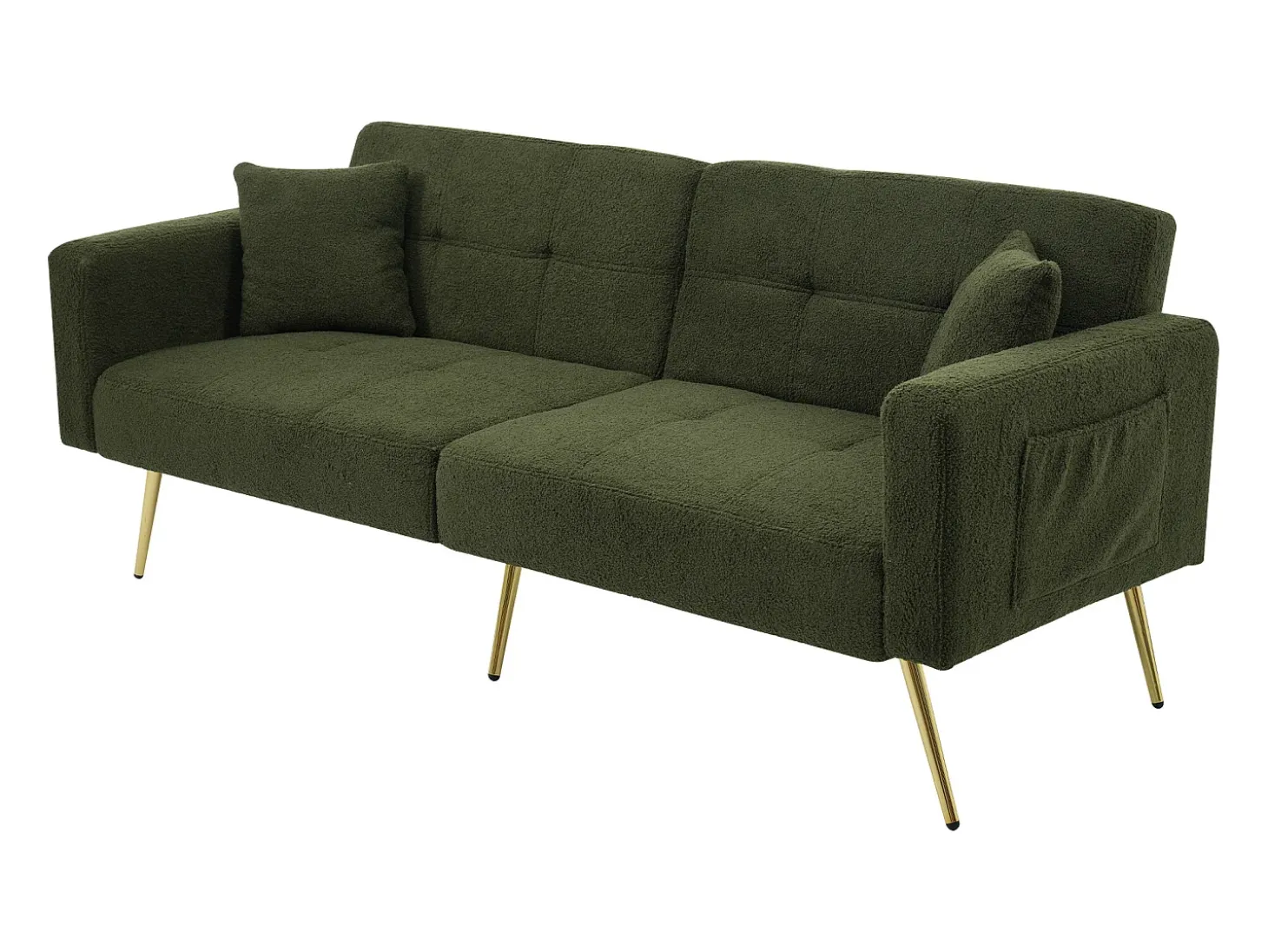 Sofá relax verde - Sofá con cojines y bolsillos de almacenamiento - patas doradas - para sala de estar y dormitorio