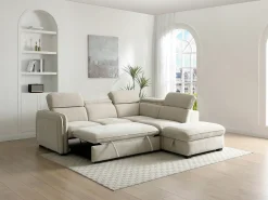 Sofá rinconera derecha convertible y puf en tela beige BALOTIA