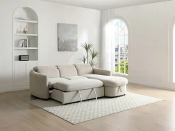 Sofá rinconera derecha convertible de tela beige RAVIELA