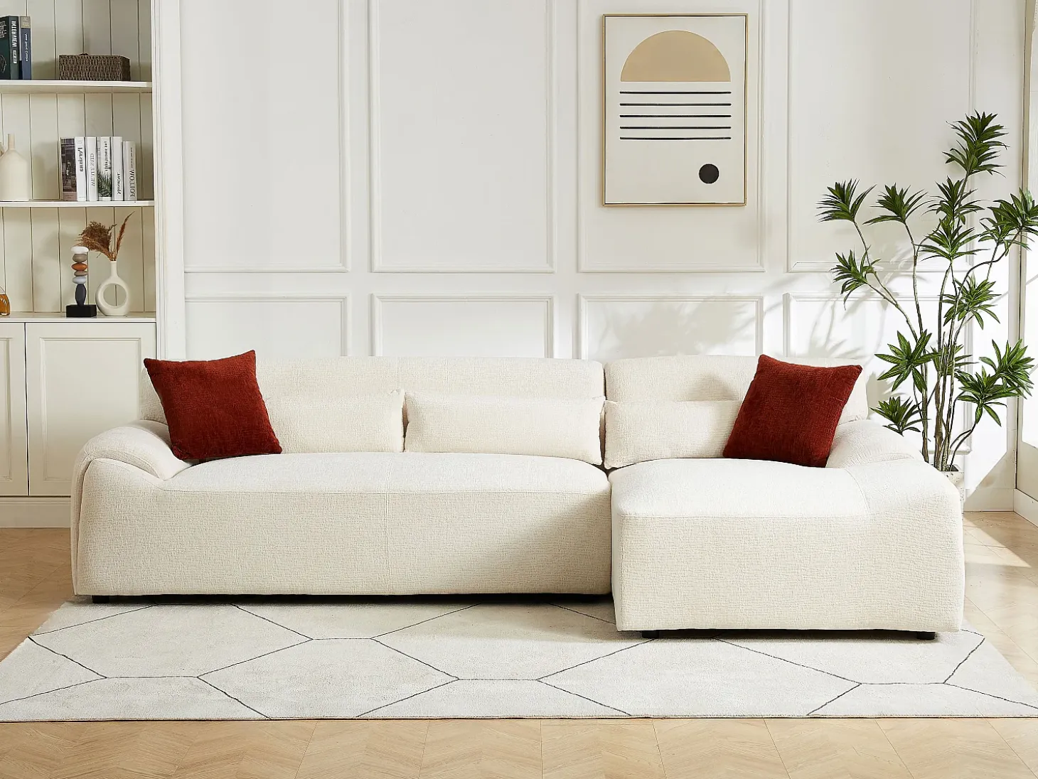 Sofá rinconera derecha de tela chenilla beige OVILIO