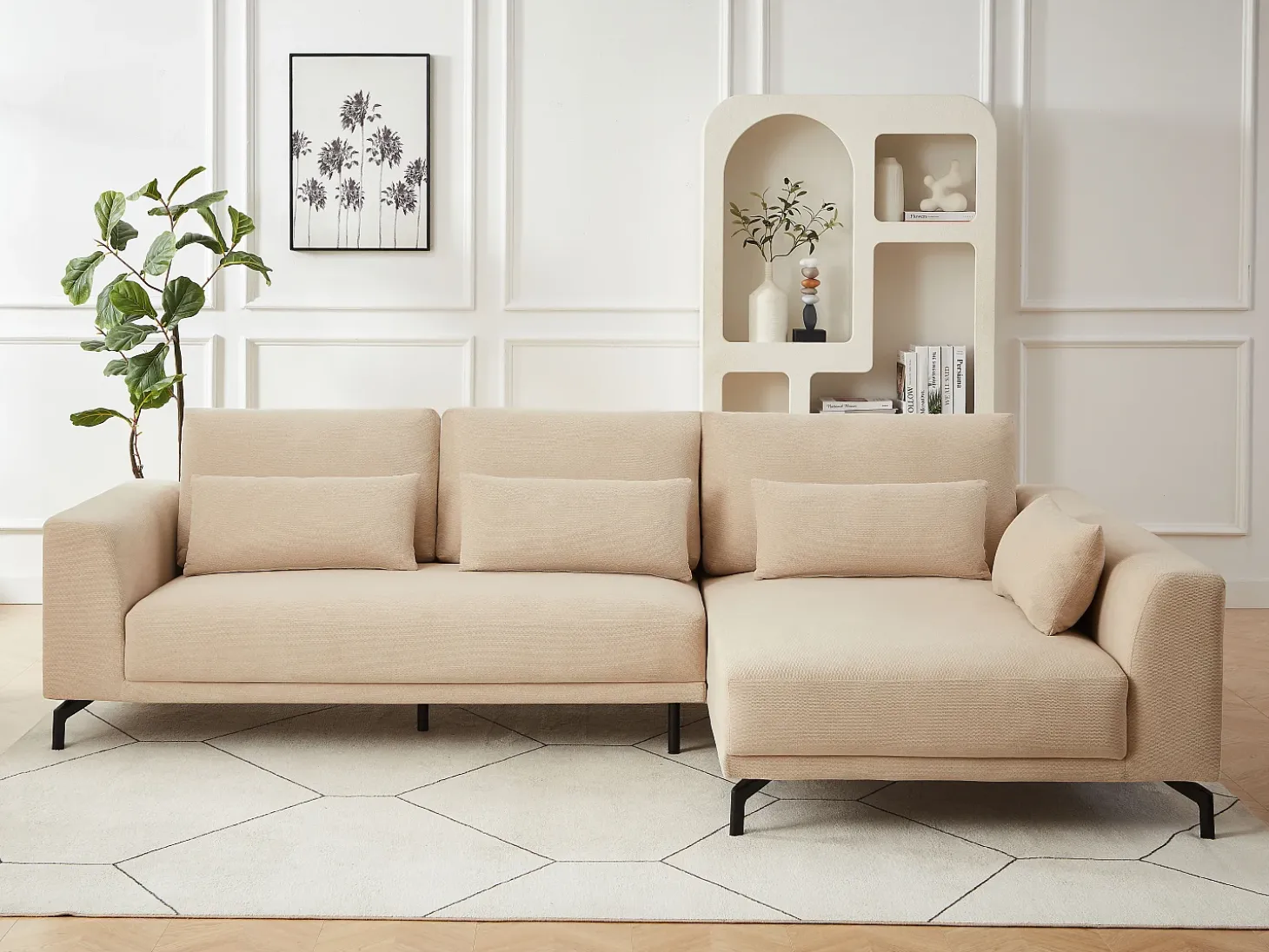 Sofá rinconera derecha de tejido texturizado beige 5 plazas TILANIA