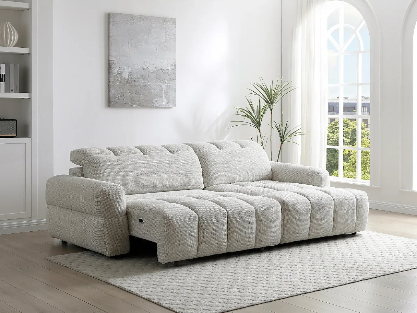 Sofá rinconera derecha relax con asiento deslizante eléctrico en tejido beige CARIALA