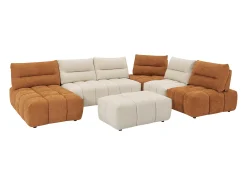 Sofá rinconera panorámico modular y puf con respaldo avanzar-retroceder beige y terracota APOLIU