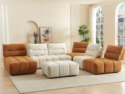 Sofá rinconera panorámico modular y puf con respaldo avanzar-retroceder beige y terracota APOLIU