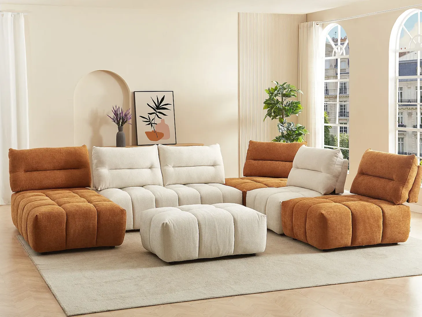 Sofá rinconera panorámico modular y puf con respaldo avanzar-retroceder beige y terracota APOLIU