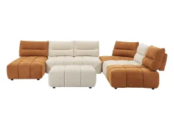 Sofá rinconera panorámico modular y puf con respaldo avanzar-retroceder beige y terracota APOLIU