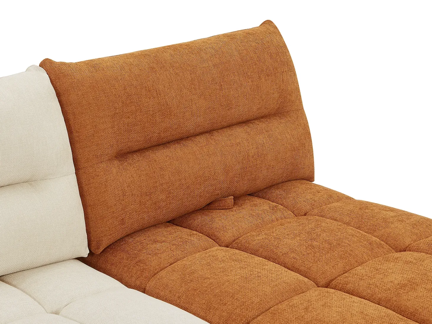 Sofá rinconera panorámico modular y puf con respaldo avanzar-retroceder beige y terracota APOLIU