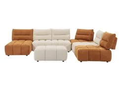 Sofá rinconera panorámico modular y puf con respaldo avanzar-retroceder beige y terracota APOLIU