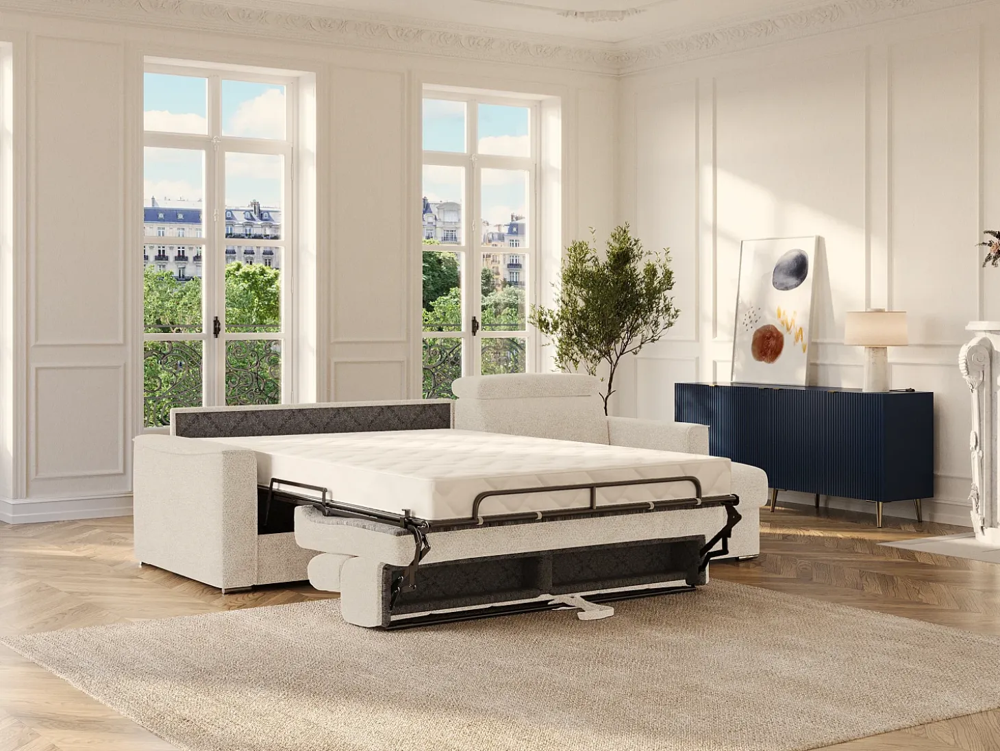 Sofá rinconera reversible convertible tipo italiano en tejido beige - Cama de 140 cm VIZIR