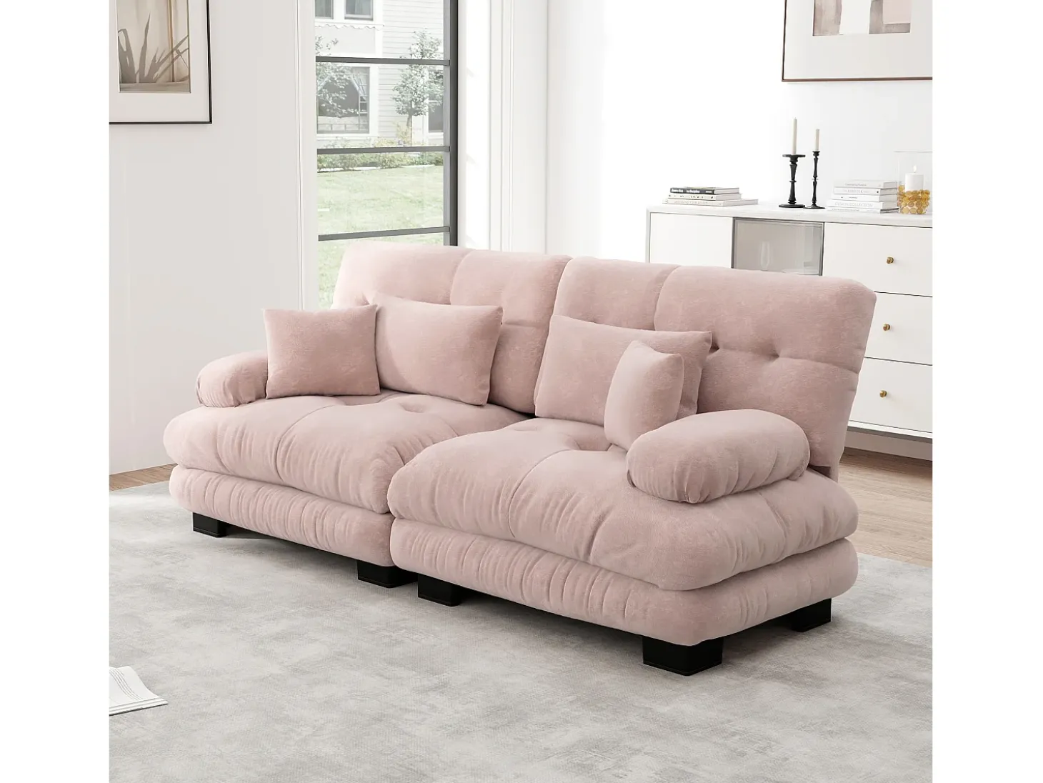 Sofá rosa de 2 plazas - Sofá recto con 2 cojines lumbares y 2 cojines decorativos - chenilla