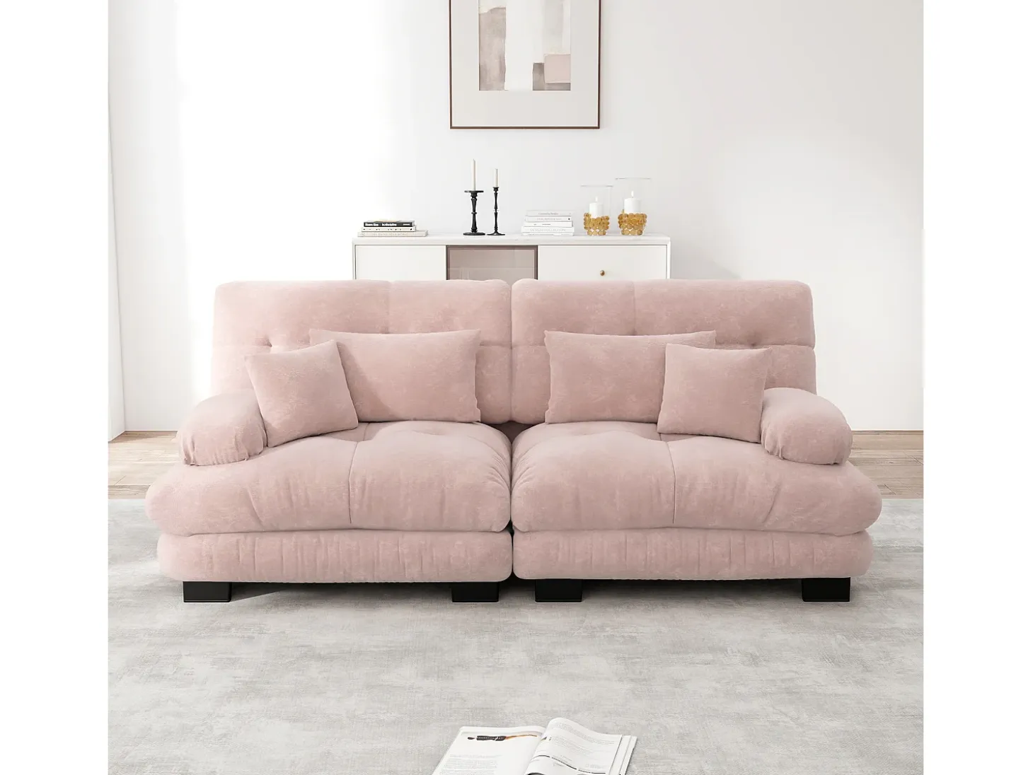 Sofá rosa de 2 plazas - Sofá recto con 2 cojines lumbares y 2 cojines decorativos - chenilla