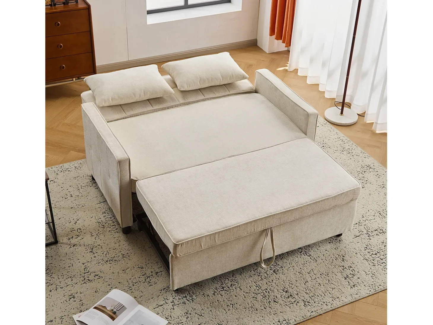 Sofá 142x79x85 cm - Respaldo ajustable - Chenille - Incluye 2 cojines - Beige