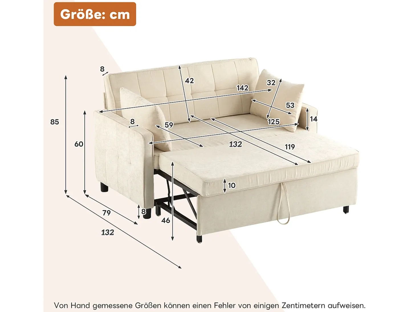 Sofá 142x79x85 cm - Respaldo ajustable - Chenille - Incluye 2 cojines - Beige