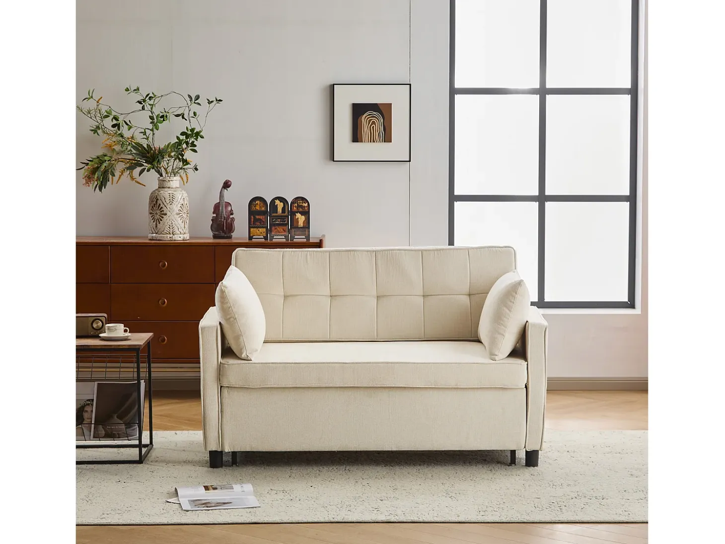 Sofá 142x79x85 cm - Respaldo ajustable - Chenille - Incluye 2 cojines - Beige
