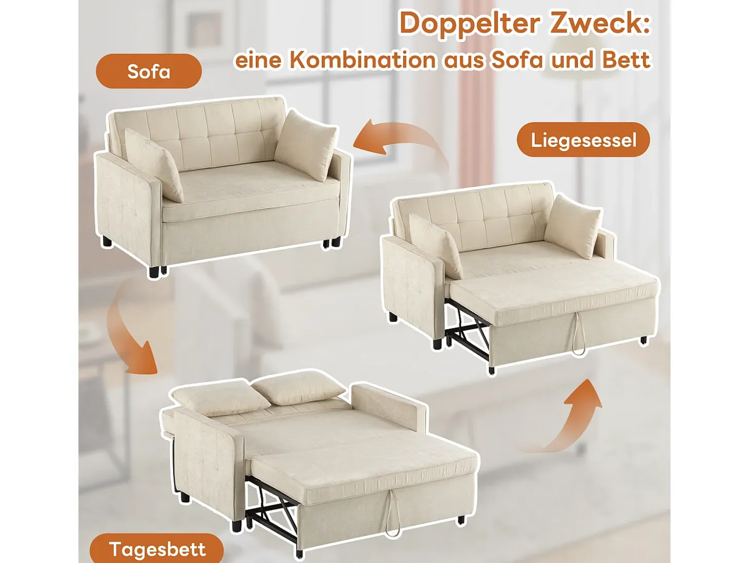 Sofá 142x79x85 cm - Respaldo ajustable - Chenille - Incluye 2 cojines - Beige