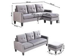 Sofa + Puf Convertible en Chaise Longue 184x131 cm 3 plazas color gris