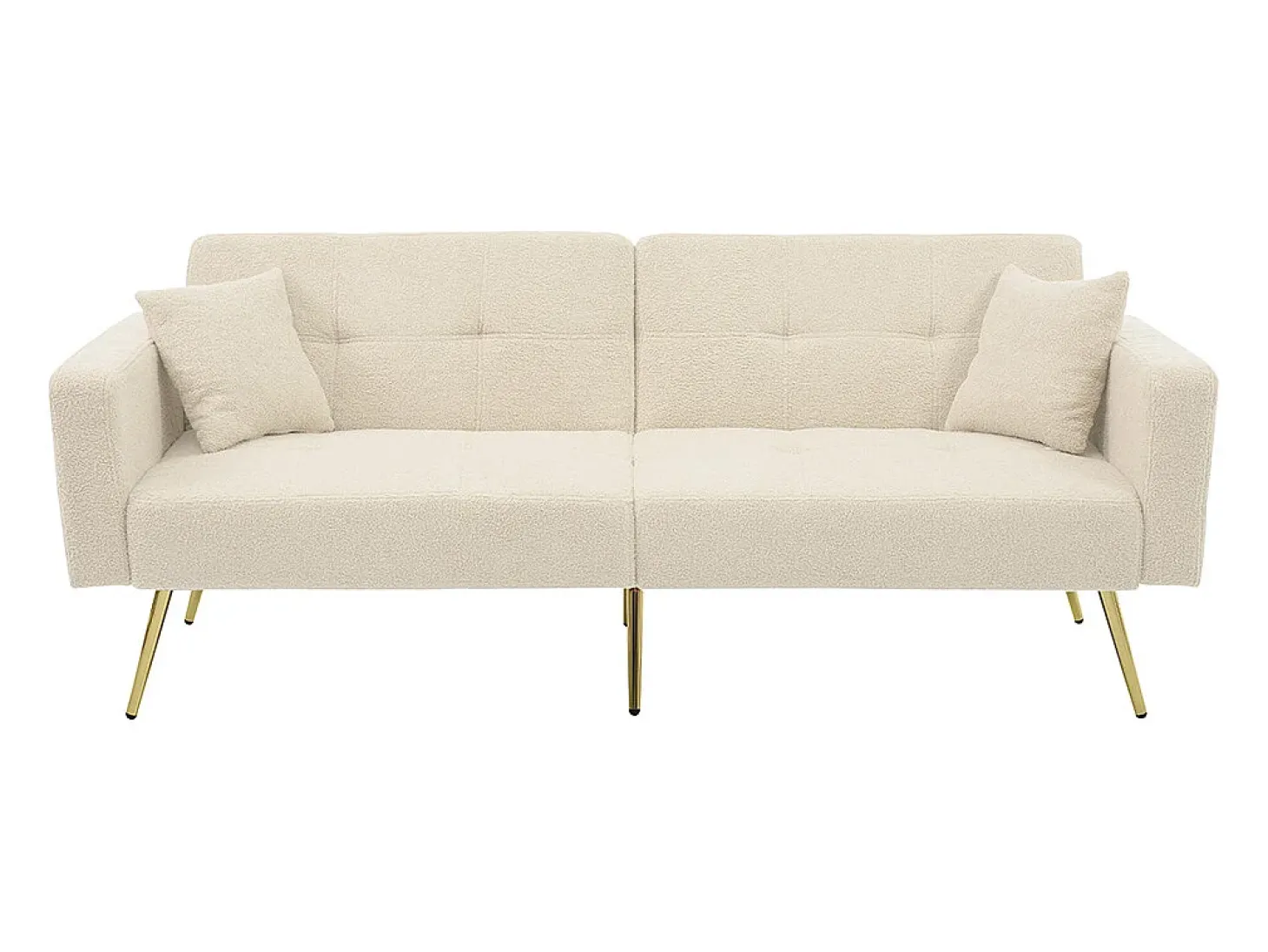 Sofá-cama con función de cama, ángulo ajustable, patas doradas, con cojines y bolsillos de almacenamiento laterales, beige