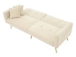 Sofá-cama con función de cama, ángulo ajustable, patas doradas, con cojines y bolsillos de almacenamiento laterales, beige