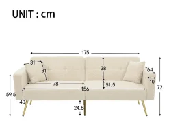 Sofá-cama con función de cama, ángulo ajustable, patas doradas, con cojines y bolsillos de almacenamiento laterales, beige