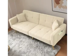 Sofá-cama con función de cama, ángulo ajustable, patas doradas, con cojines y bolsillos de almacenamiento laterales, beige