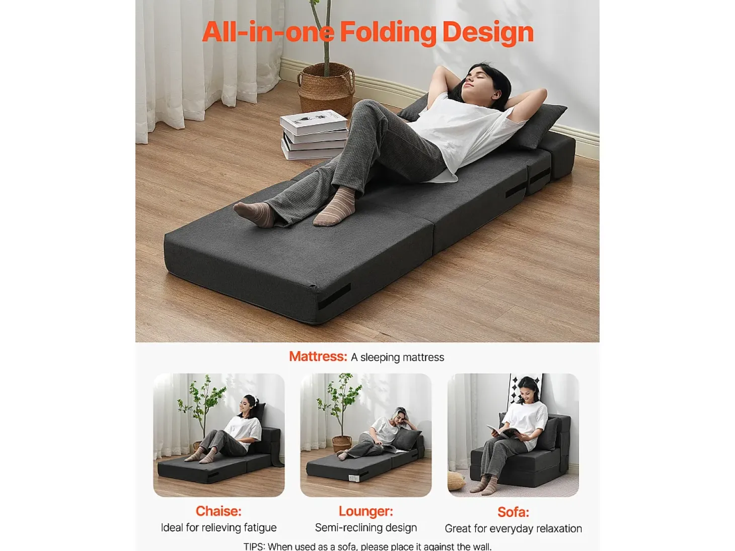 Sofá-Cama Plegable SucceBuy, 3 en 1 Plegable con 2 Almohadas, Gris Oscuro, Individual