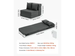 Sofá-Cama Plegable SucceBuy, 3 en 1 Plegable con 2 Almohadas, Gris Oscuro, Individual