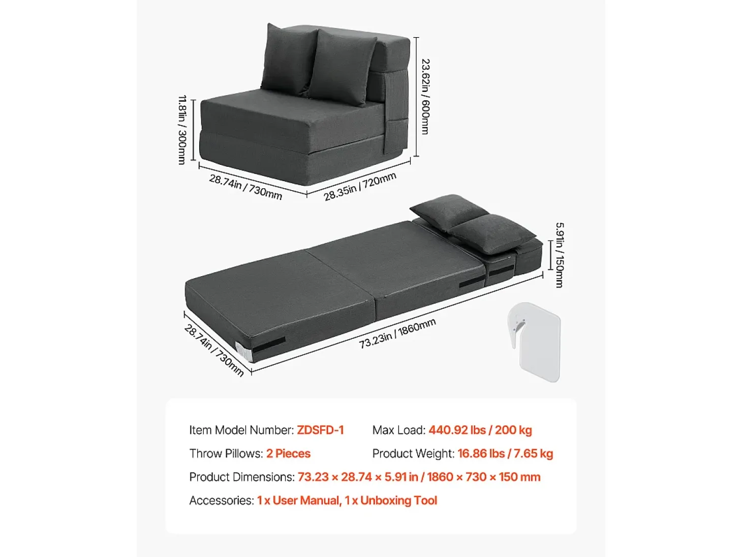 Sofá-Cama Plegable SucceBuy, 3 en 1 Plegable con 2 Almohadas, Gris Oscuro, Individual