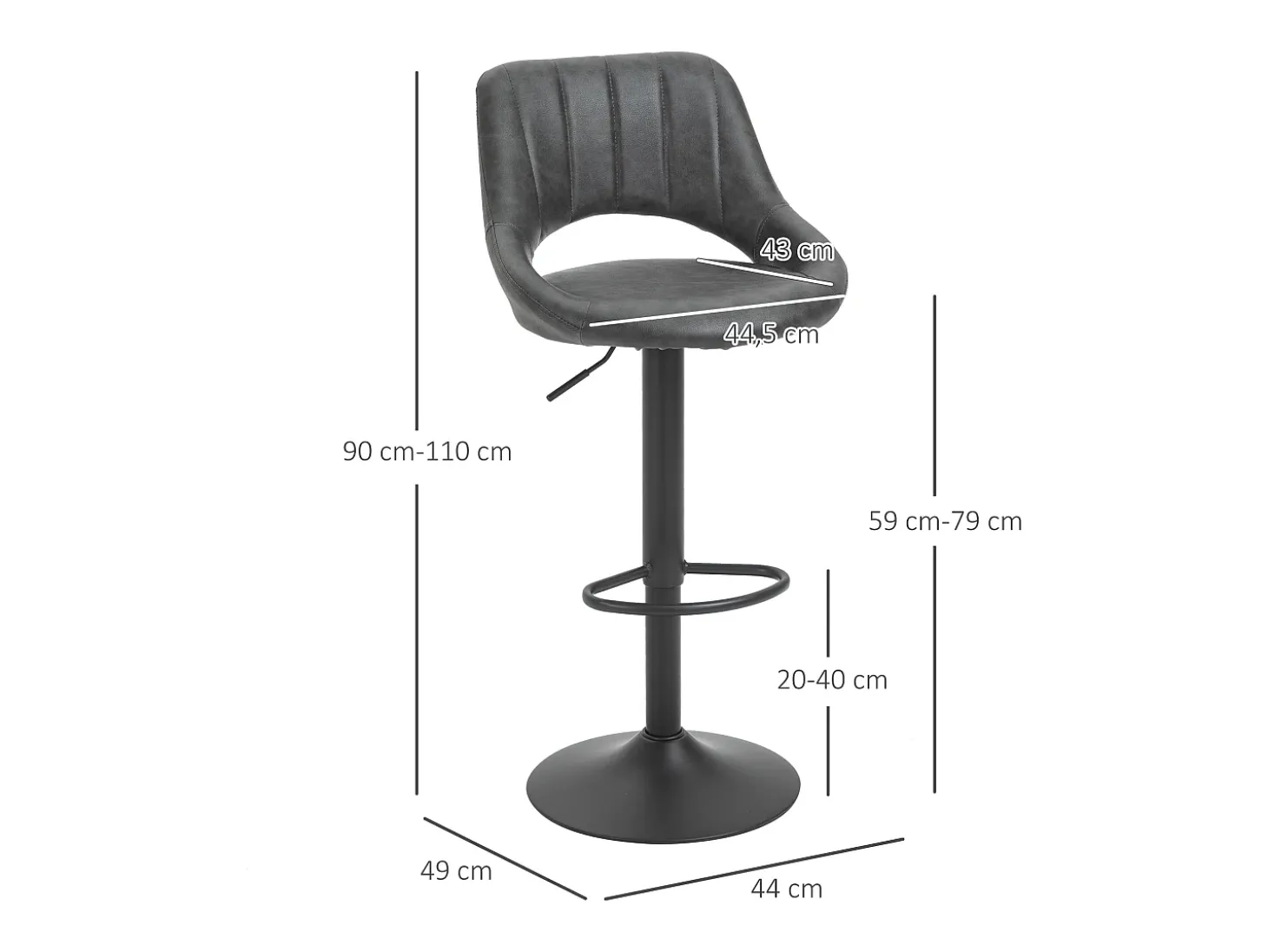 Taburete de bar, altura regulable, diseño vintage, piel sintética, metal, gris (44x49x90-110 cm)