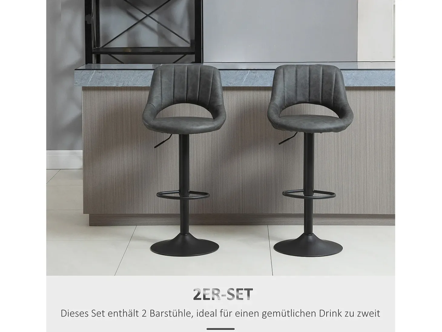 Taburete de bar, altura regulable, diseño vintage, piel sintética, metal, gris (44x49x90-110 cm)