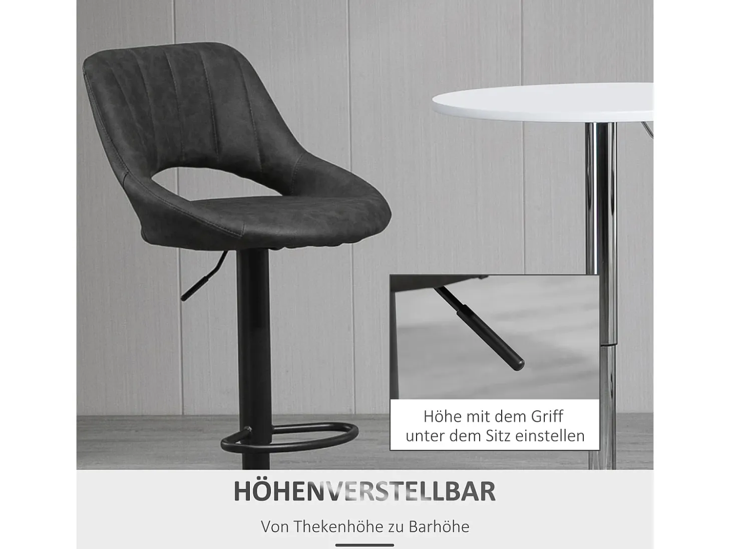 Taburete de bar, altura regulable, diseño vintage, piel sintética, metal, gris (44x49x90-110 cm)