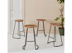 Taburete de bar de madera de mango y acero, 65cm, set de 4 natural