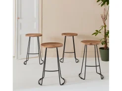 Taburete de bar de madera de mango y acero, 65cm, set de 4 natural