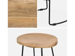 Taburete de bar de madera de mango y acero, 65cm, set de 4 natural
