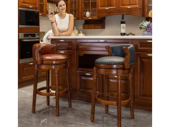 Taburete de bar giratorio 360° de cuero genuino y madera, diseño moderno, marrón (54,8 x 54,8 x 96 cm)