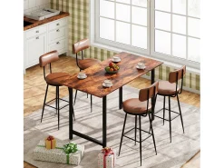 Taburete de bar, juego de 4, trona de cocina, silla de bar con reposapiés y respaldo, para comedor, cocina, piel sintética, marrón