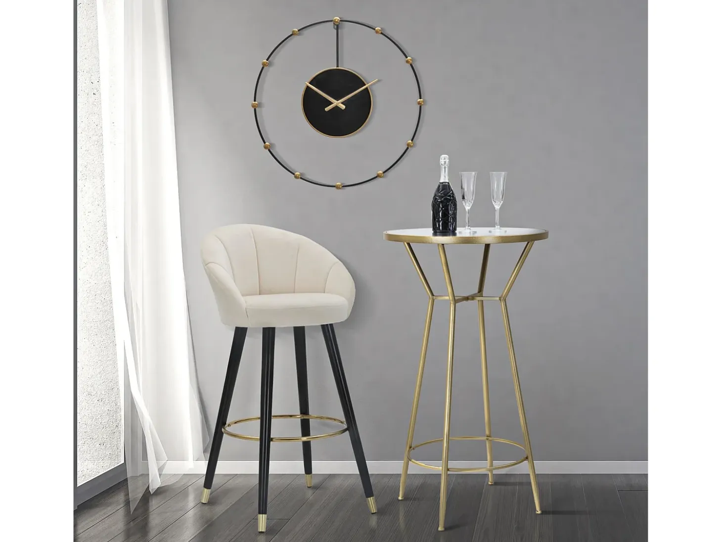 Taburete de bar para cocina en terciopelo con patas de madera negras y doradas h80cm Prague - Crema